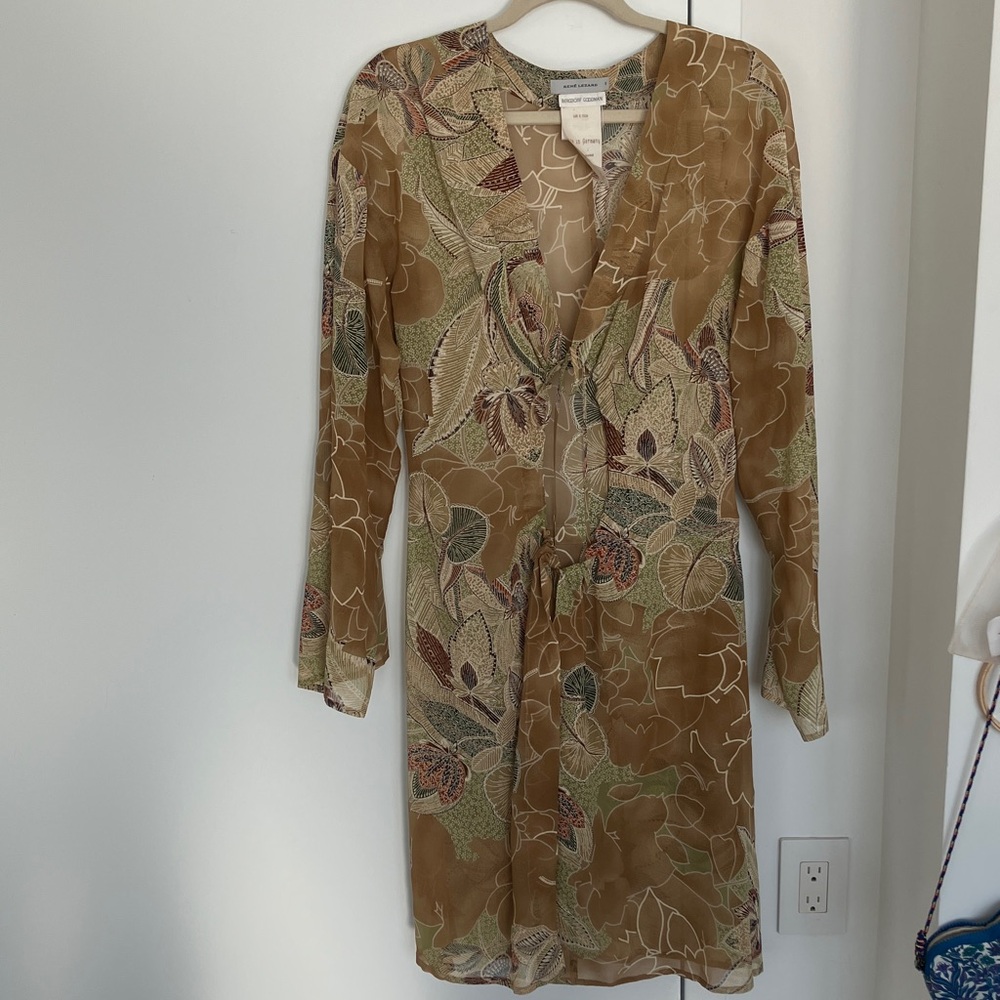 Rene Lezard silk Earthy Floral Long Sleeve Dress